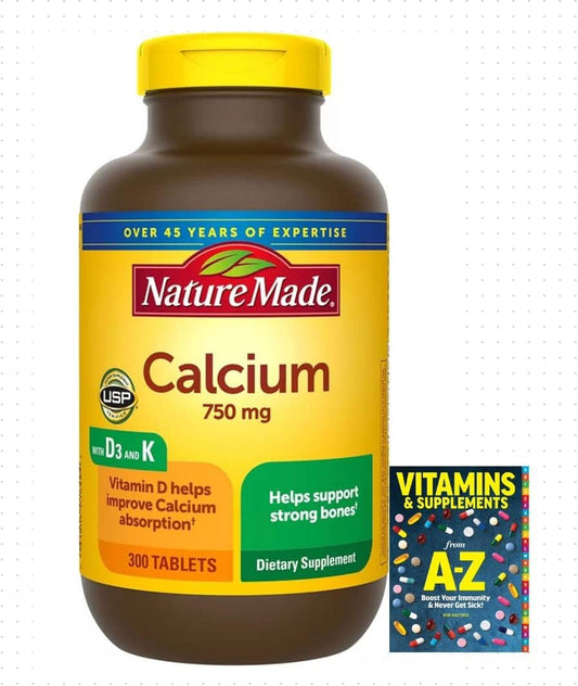 Calcium 750mg with Vitamin D3 & K, 300 Tablets + Free Vitamins & Supplements Guide Book for Stronger Bones