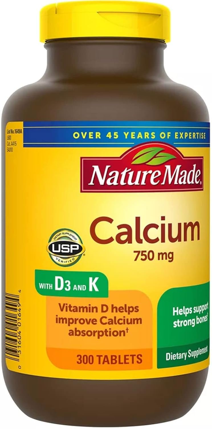 Calcium 750mg with Vitamin D3 & K, 300 Tablets + Free Vitamins & Supplements Guide Book for Stronger Bones