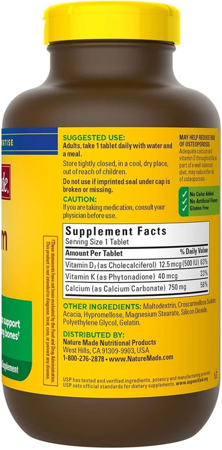 Calcium 750mg with Vitamin D3 & K, 300 Tablets + Free Vitamins & Supplements Guide Book for Stronger Bones