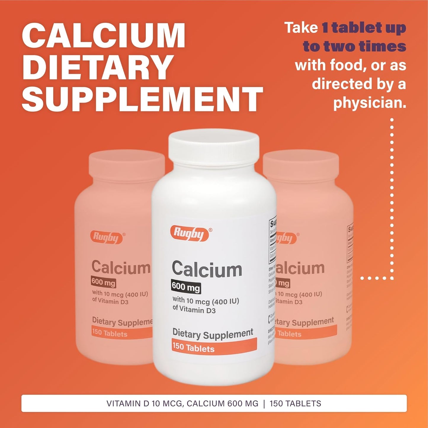 Calcium and Vitamin D3 Rugby Tablets - 600 mg - 150 Count - Dietary Supplement