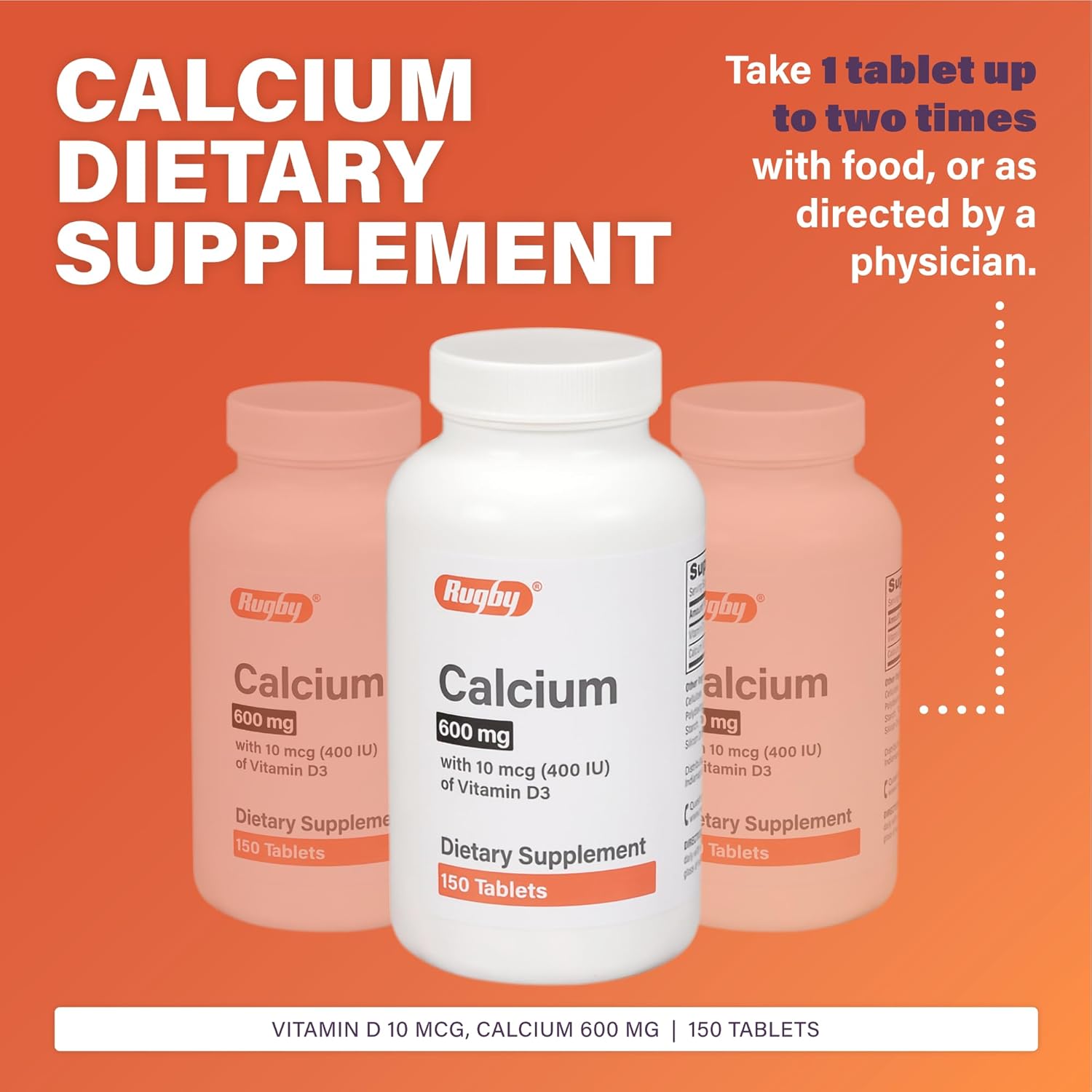 Calcium and Vitamin D3 Rugby Tablets - 600 mg - 150 Count - Dietary Supplement