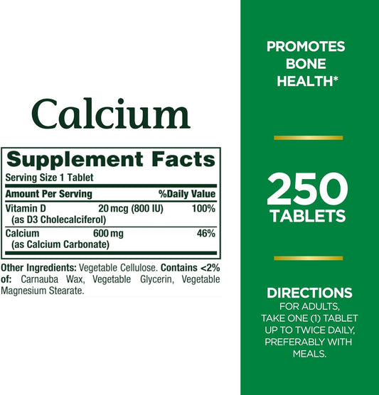 Calcium Carbonate & Vitamin D for Immune and Bone Health, 600mg Calcium & 800IU Vitamin D3, 500 Tablets in 2 Packs by Nature's Bounty