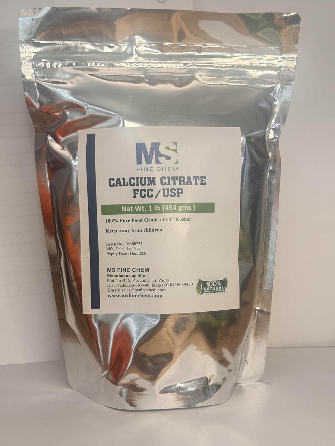 Calcium Citrate Powder Supplement - 1000mg Calcium per Serving, Gluten-Free - 1 lb Container by MS Finechem