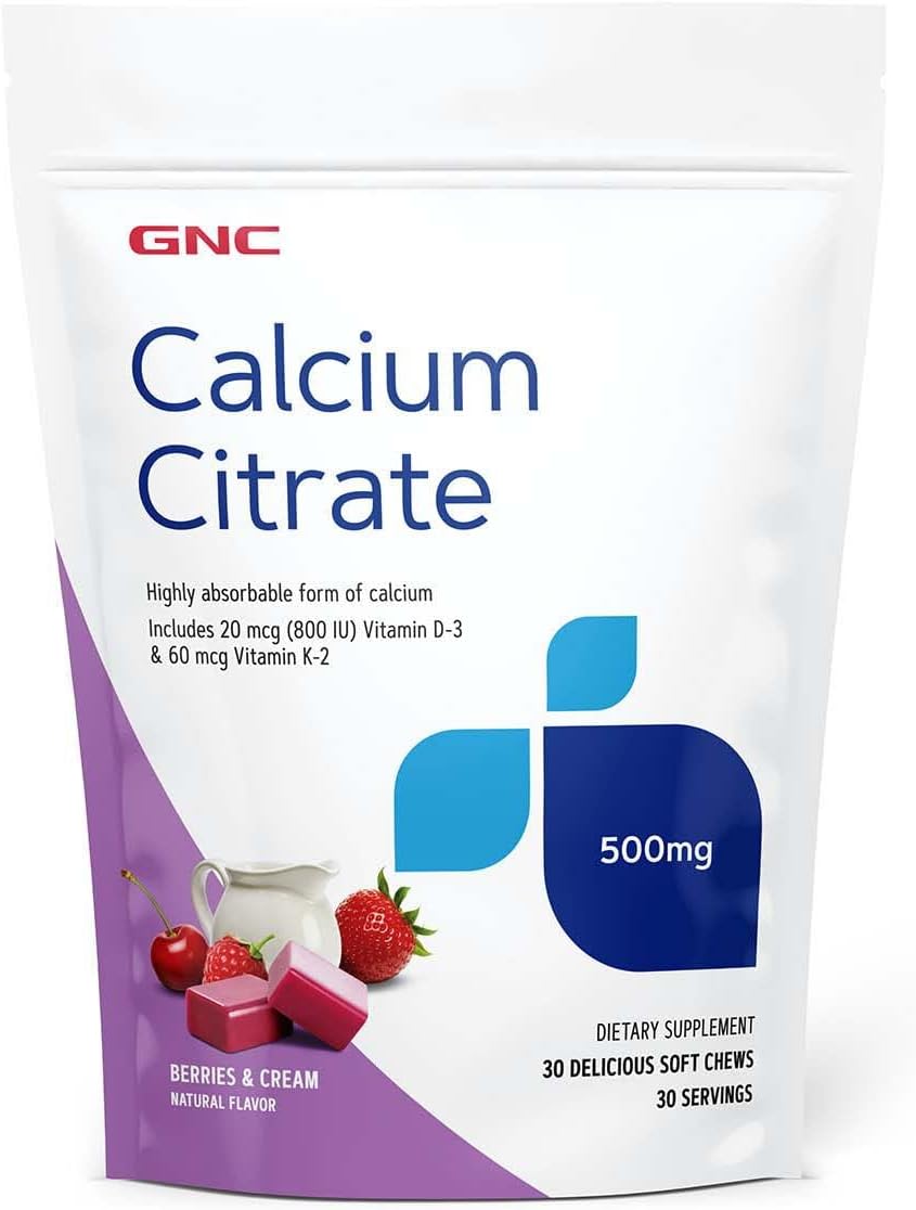 Calcium Citrate Soft Chews with Berries & Cream Flavor | 500mg Highly Absorbable Calcium | 30 Count Pack from GNC