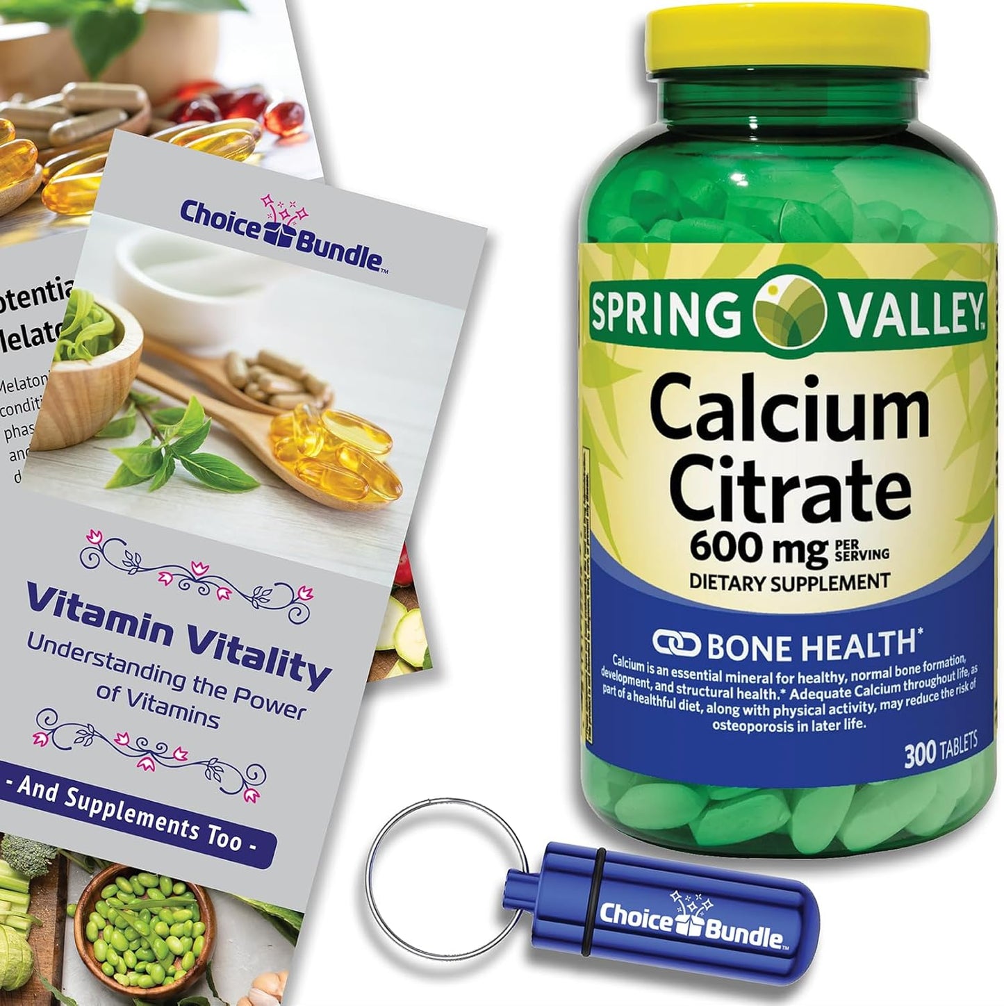 Calcium Citrate Tablets 600mg 300 Ct Bundle with Vitamin Guide & Pill Container - Spring Valley Dietary Supplement