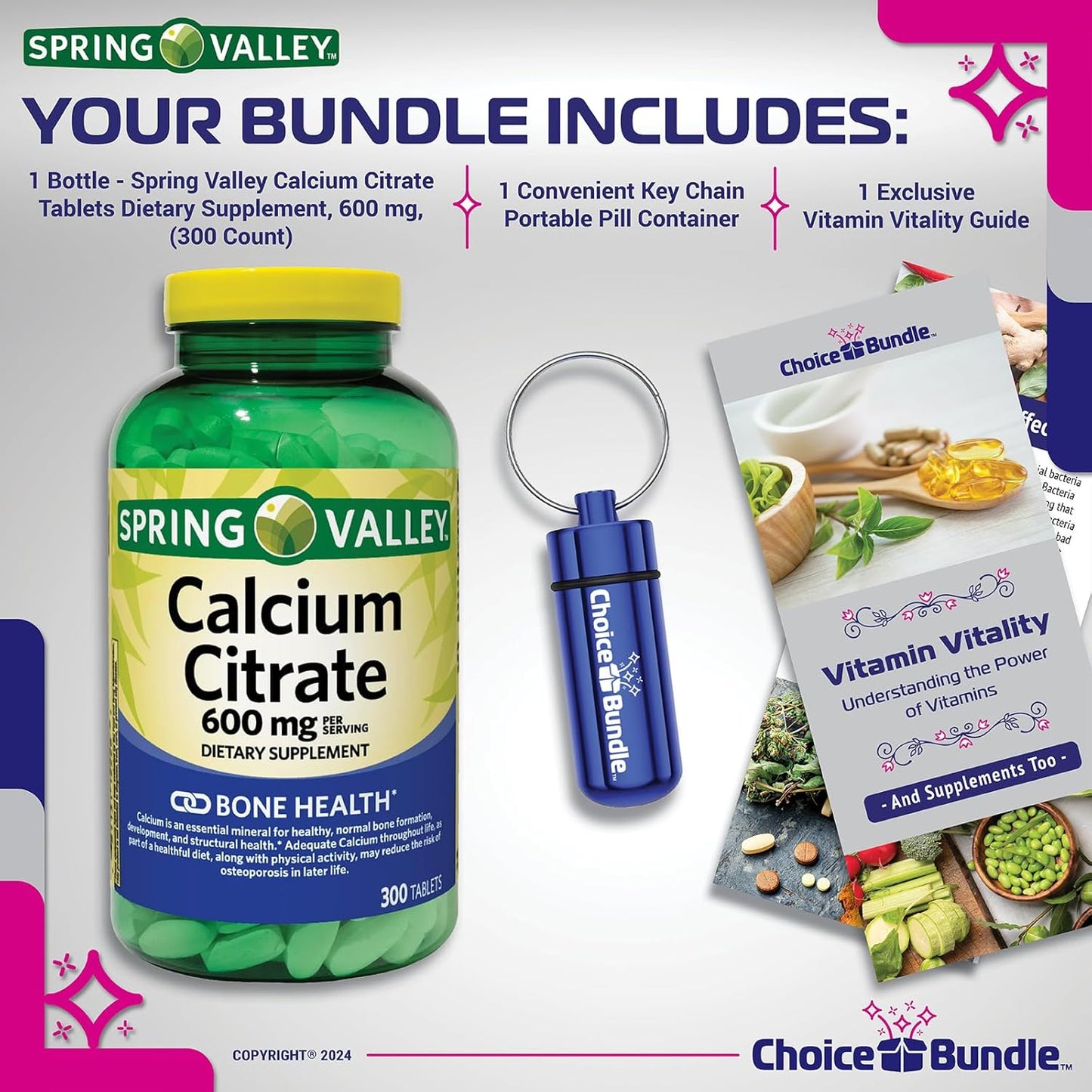 Calcium Citrate Tablets 600mg 300 Ct Bundle with Vitamin Guide & Pill Container - Spring Valley Dietary Supplement