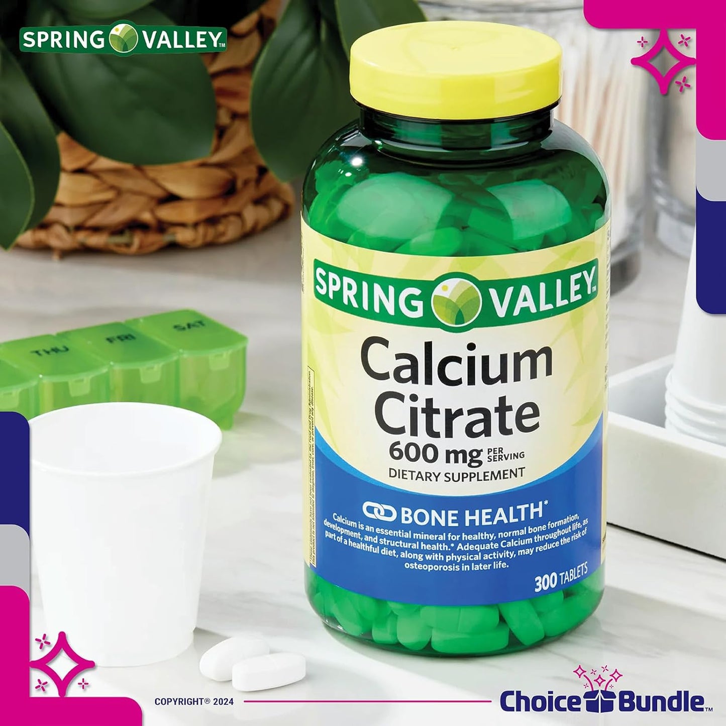 Calcium Citrate Tablets 600mg 300 Ct Bundle with Vitamin Guide & Pill Container - Spring Valley Dietary Supplement