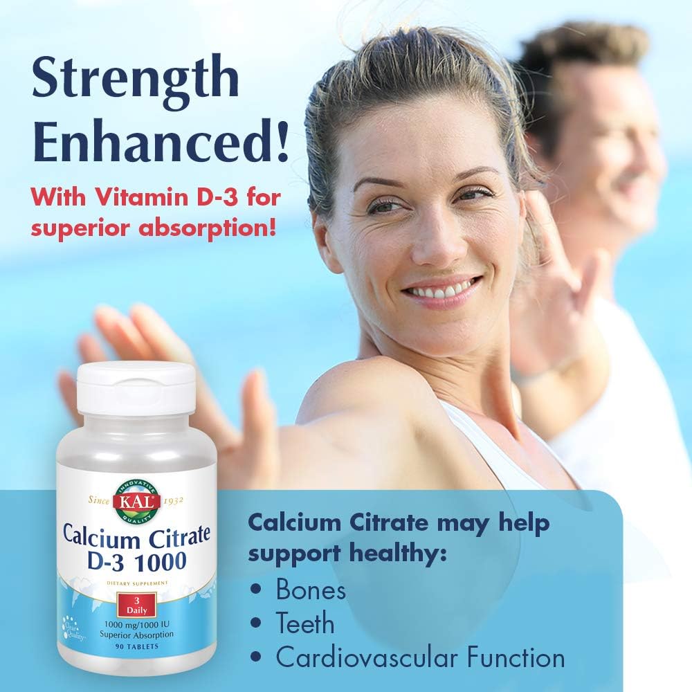 Calcium Citrate with Vitamin D Tablets, 1000 mg, 90 Count - High Potency Supplement
