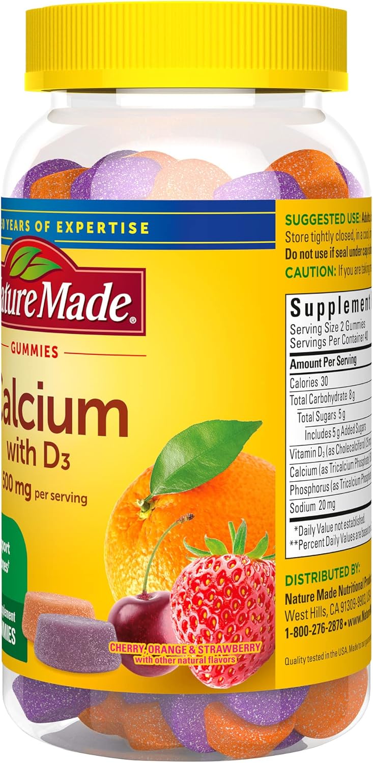 Calcium Gummies with Vitamin D3 for Bone Support - 80 Gummies, 500 mg per Serving, 40 Day Supply