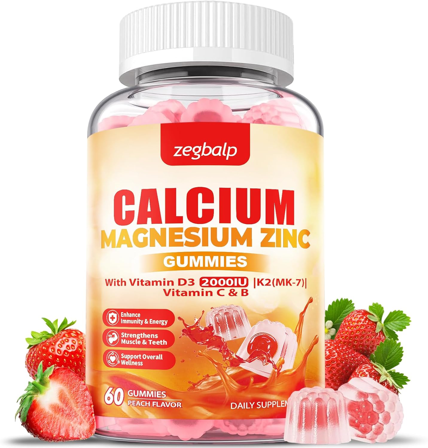 Calcium Magnesium Gummy Supplement for Adults - 1000mg Calcium Citrate & Magnesium Glycinate with Zinc, Vitamin D3, K2 - Sugar Free for Muscle, Immune, Mood, Energy Support