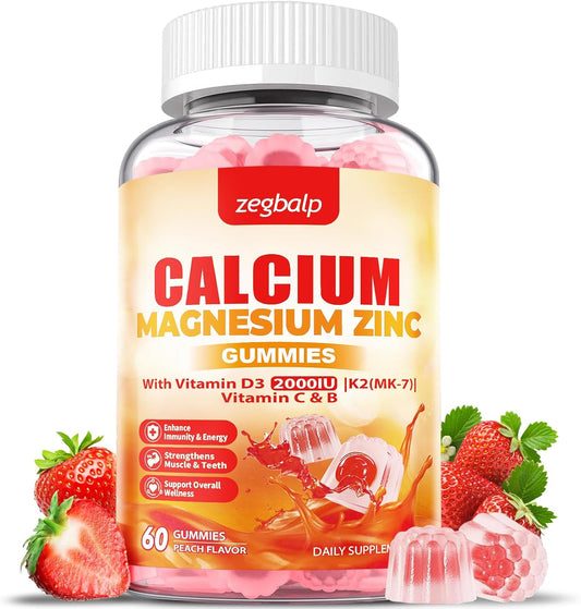 Calcium Magnesium Gummy Supplement for Adults - 1000mg Calcium Citrate & Magnesium Glycinate with Zinc, Vitamin D3, K2 - Sugar Free for Muscle, Immune, Mood, Energy Support