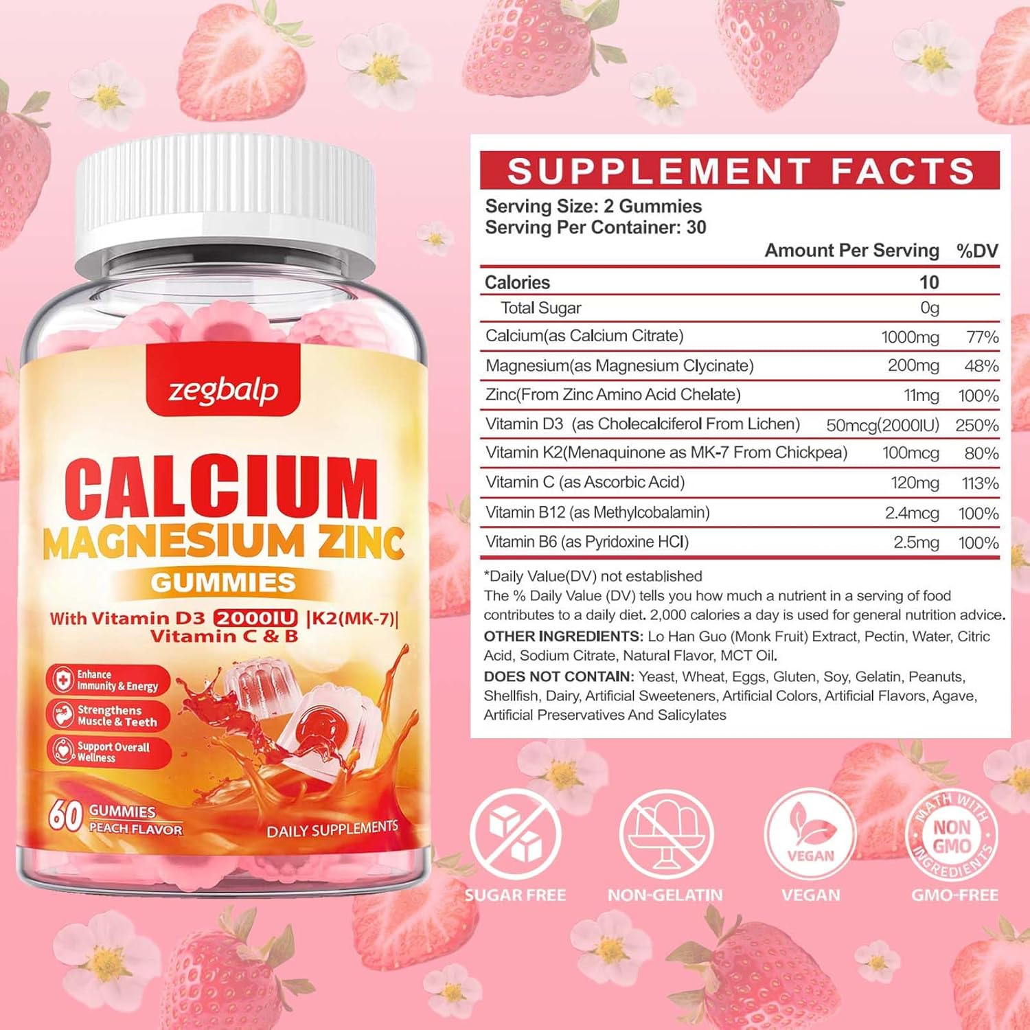 Calcium Magnesium Gummy Supplement for Adults - 1000mg Calcium Citrate & Magnesium Glycinate with Zinc, Vitamin D3, K2 - Sugar Free for Muscle, Immune, Mood, Energy Support