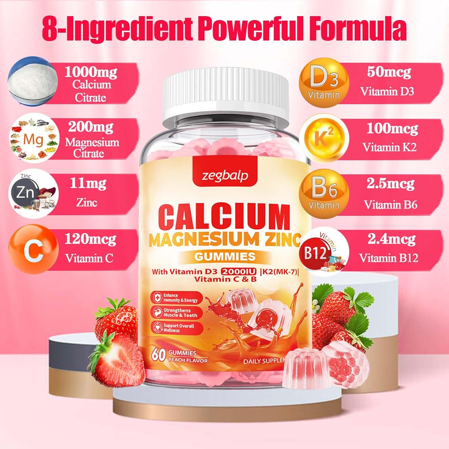 Calcium Magnesium Gummy Supplement for Adults - 1000mg Calcium Citrate & Magnesium Glycinate with Zinc, Vitamin D3, K2 - Sugar Free for Muscle, Immune, Mood, Energy Support