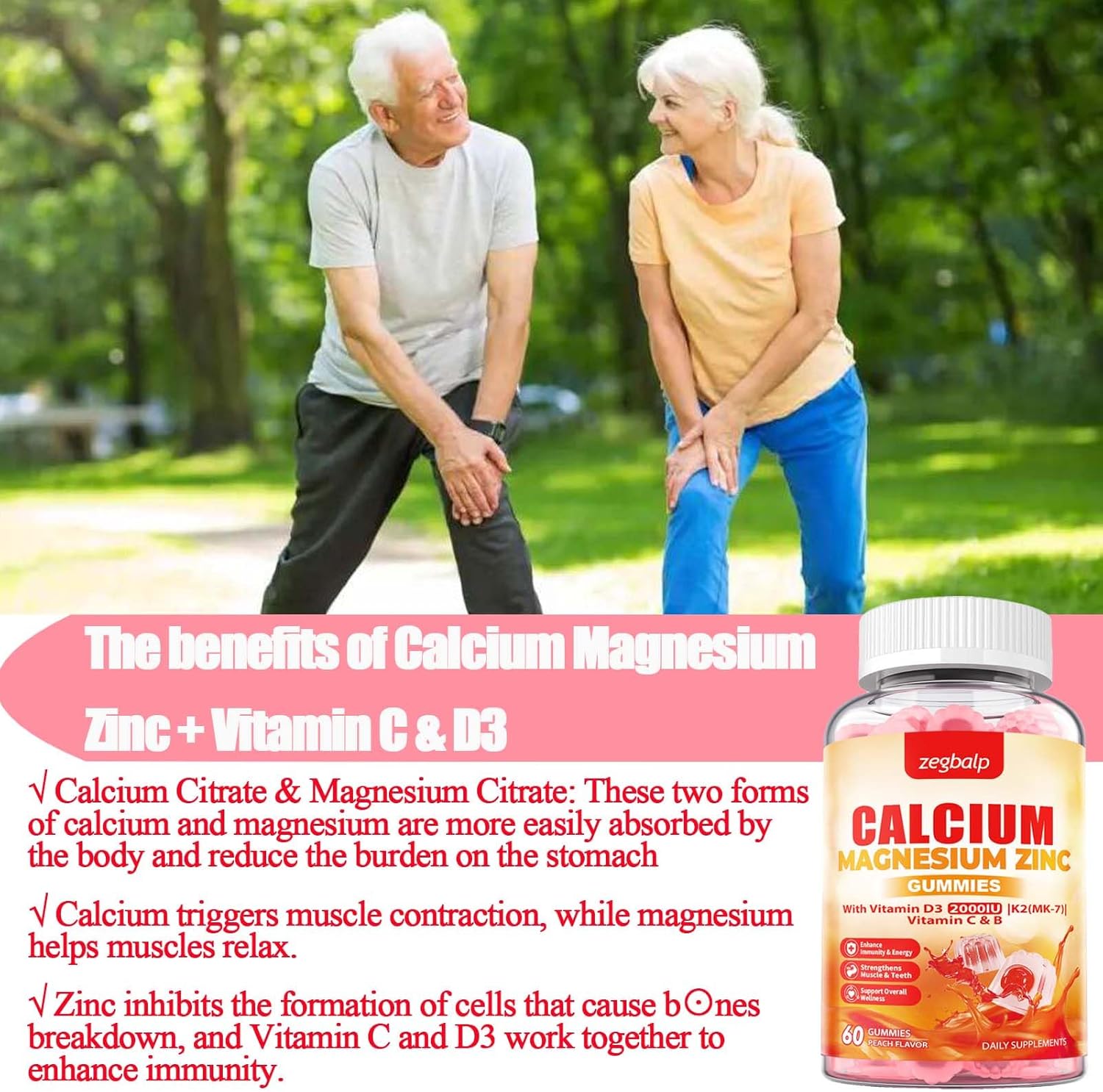 Calcium Magnesium Gummy Supplement for Adults - 1000mg Calcium Citrate & Magnesium Glycinate with Zinc, Vitamin D3, K2 - Sugar Free for Muscle, Immune, Mood, Energy Support