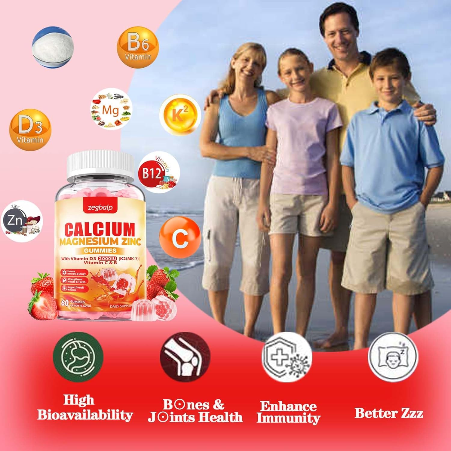 Calcium Magnesium Gummy Supplement for Adults - 1000mg Calcium Citrate & Magnesium Glycinate with Zinc, Vitamin D3, K2 - Sugar Free for Muscle, Immune, Mood, Energy Support