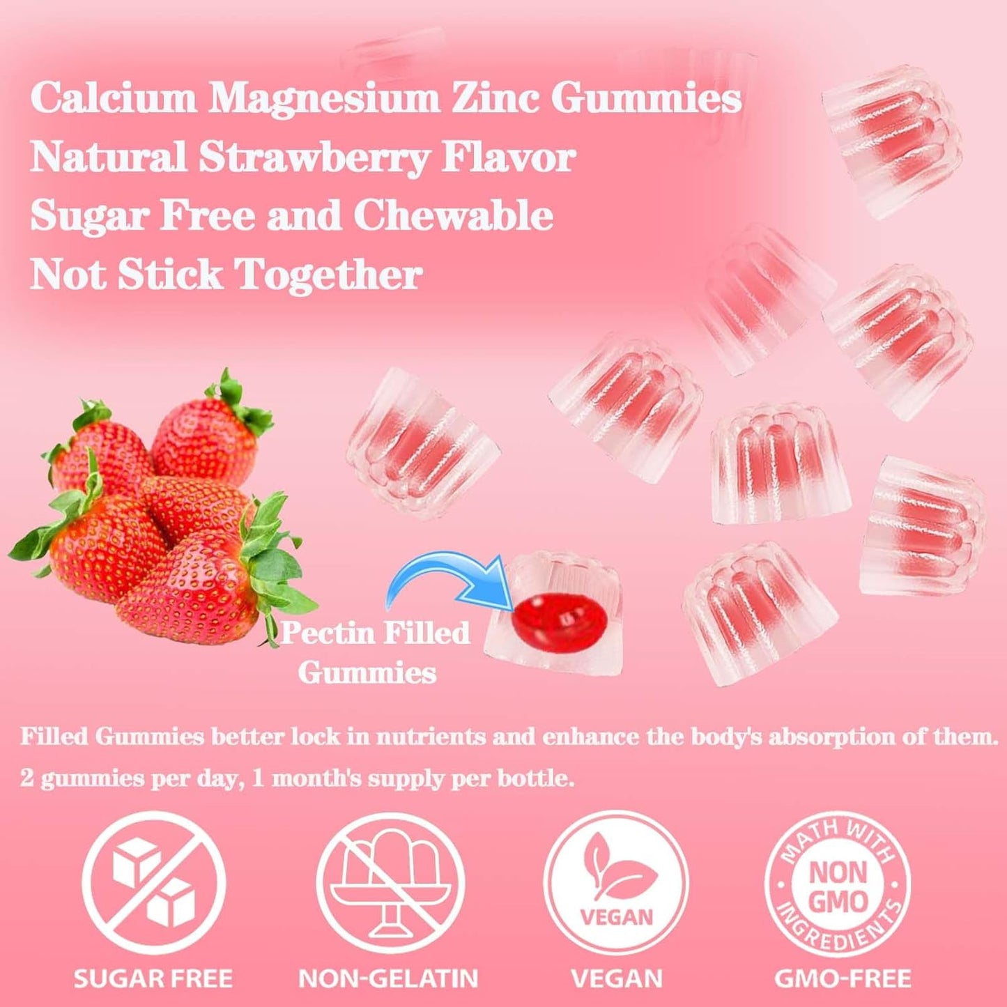 Calcium Magnesium Gummy Supplement for Adults - 1000mg Calcium Citrate & Magnesium Glycinate with Zinc, Vitamin D3, K2 - Sugar Free for Muscle, Immune, Mood, Energy Support