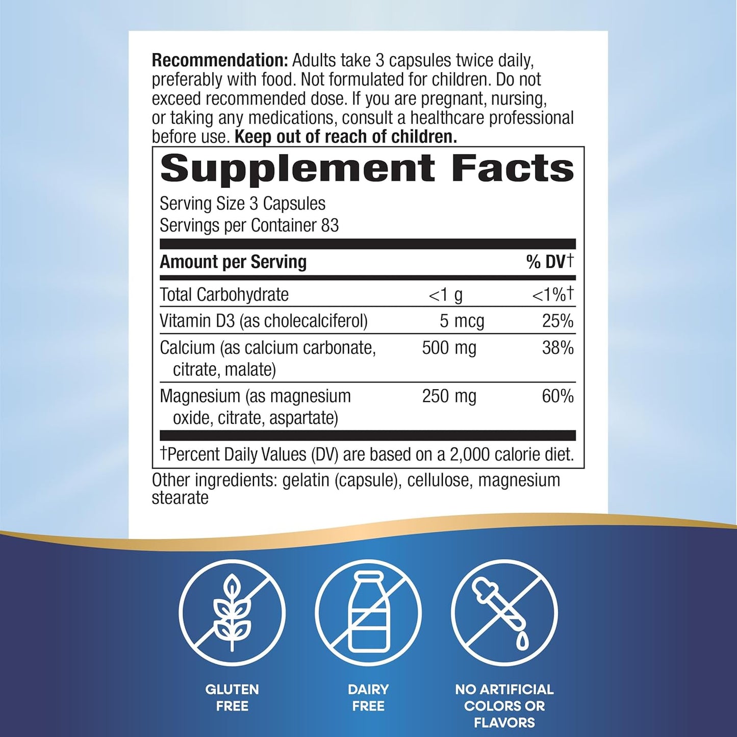 Calcium Magnesium & Vitamin D3 Complex for Healthy Bones, Teeth, and Muscles - 250 Capsules, Gluten Free