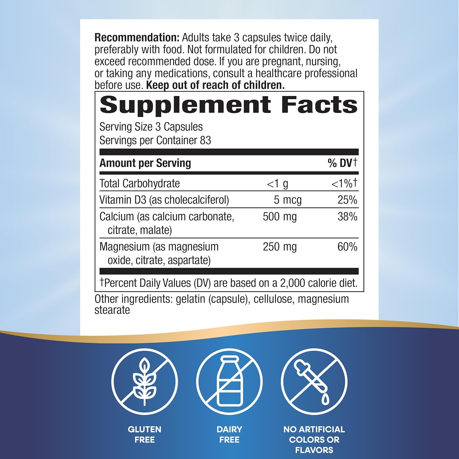 Calcium Magnesium & Vitamin D3 Complex for Healthy Bones, Teeth, and Muscles - 250 Capsules, Gluten Free