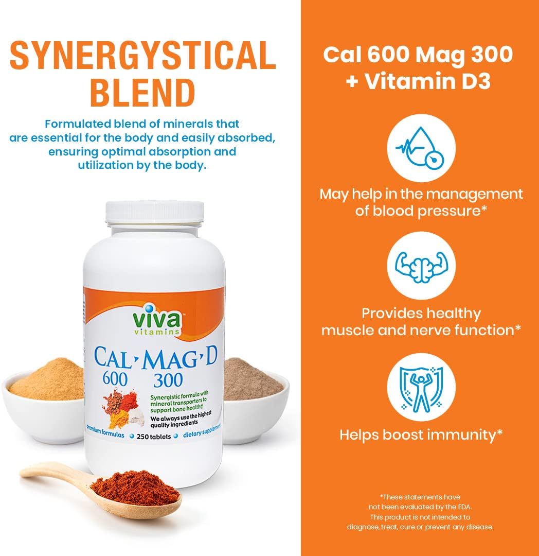 Calcium Magnesium Vitamin D3 Supplement for Bone, Teeth & Joint Support - Vegan 250 Tablets - 600mg Calcium, 300mg Magnesium