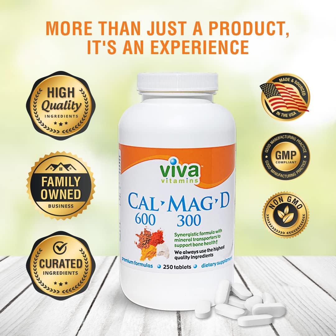 Calcium Magnesium Vitamin D3 Supplement for Bone, Teeth & Joint Support - Vegan 250 Tablets - 600mg Calcium, 300mg Magnesium