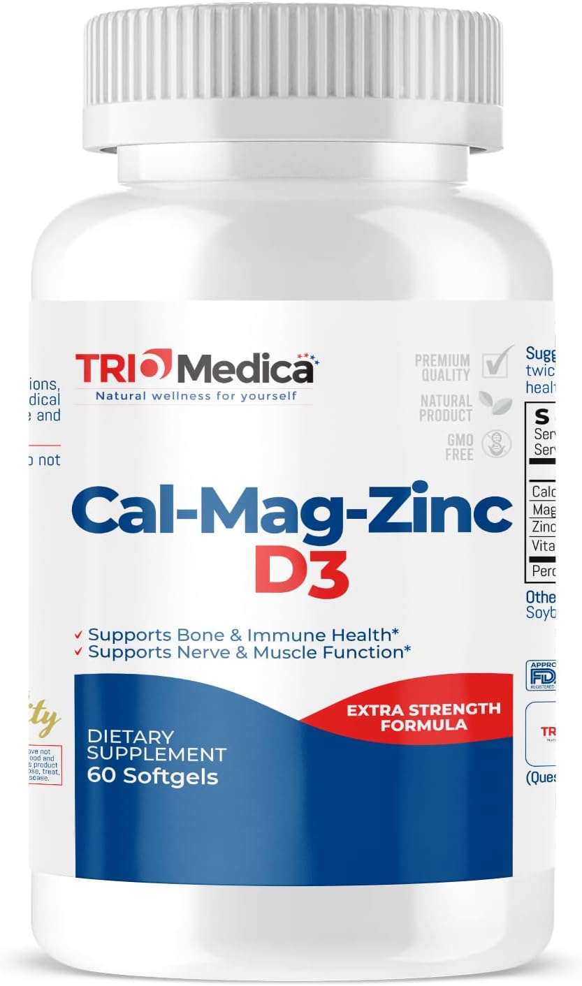 Calcium Magnesium Zinc D3 Supplement - Immune, Bones, Teeth Support - Non-GMO Vegan - 60 Softgels