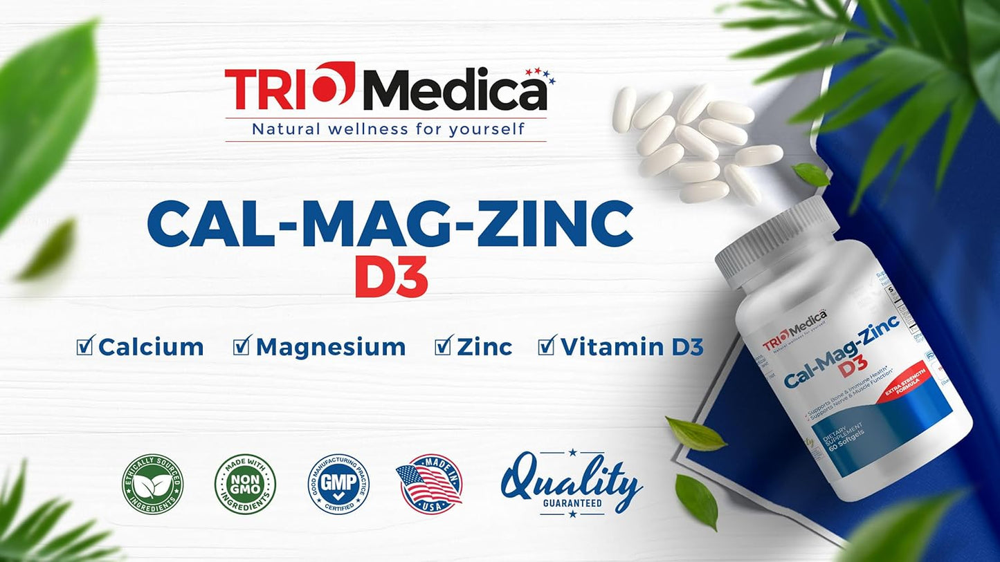 Calcium Magnesium Zinc D3 Supplement - Immune, Bones, Teeth Support - Non-GMO Vegan - 60 Softgels