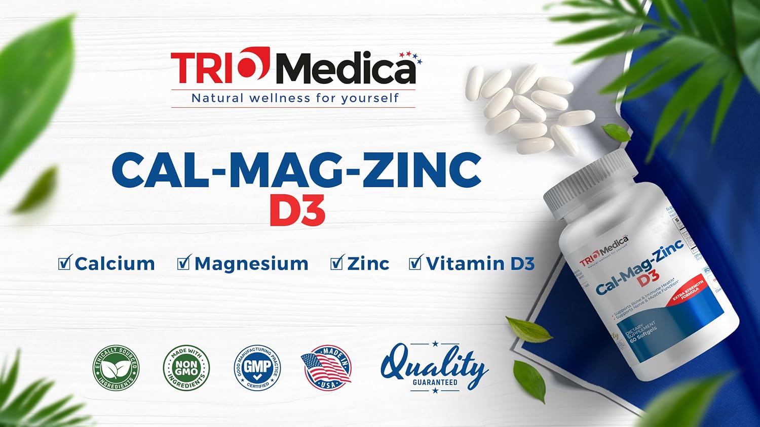 Calcium Magnesium Zinc D3 Supplement - Immune, Bones, Teeth Support - Non-GMO Vegan - 60 Softgels