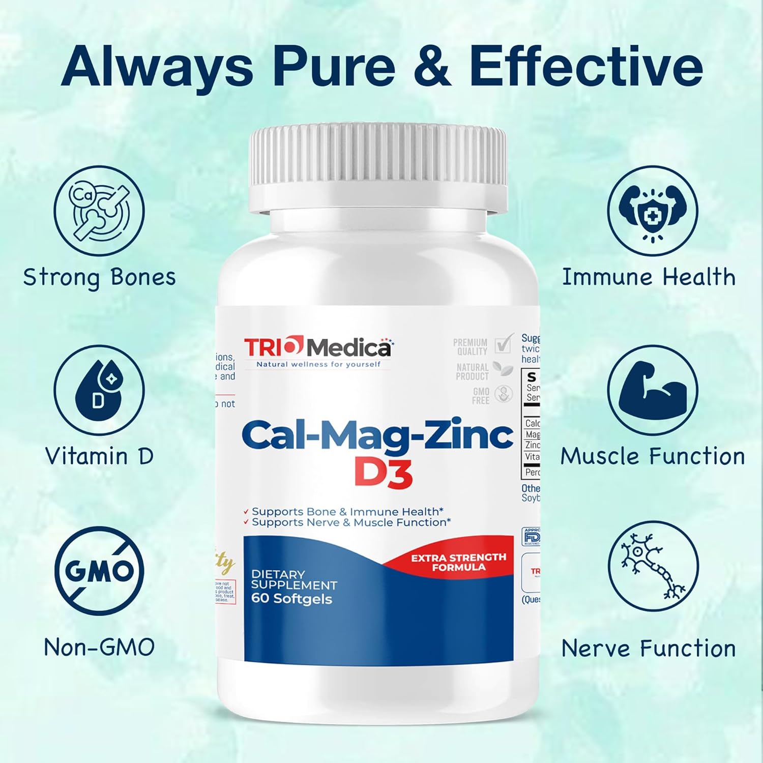 Calcium Magnesium Zinc D3 Supplement - Immune, Bones, Teeth Support - Non-GMO Vegan - 60 Softgels