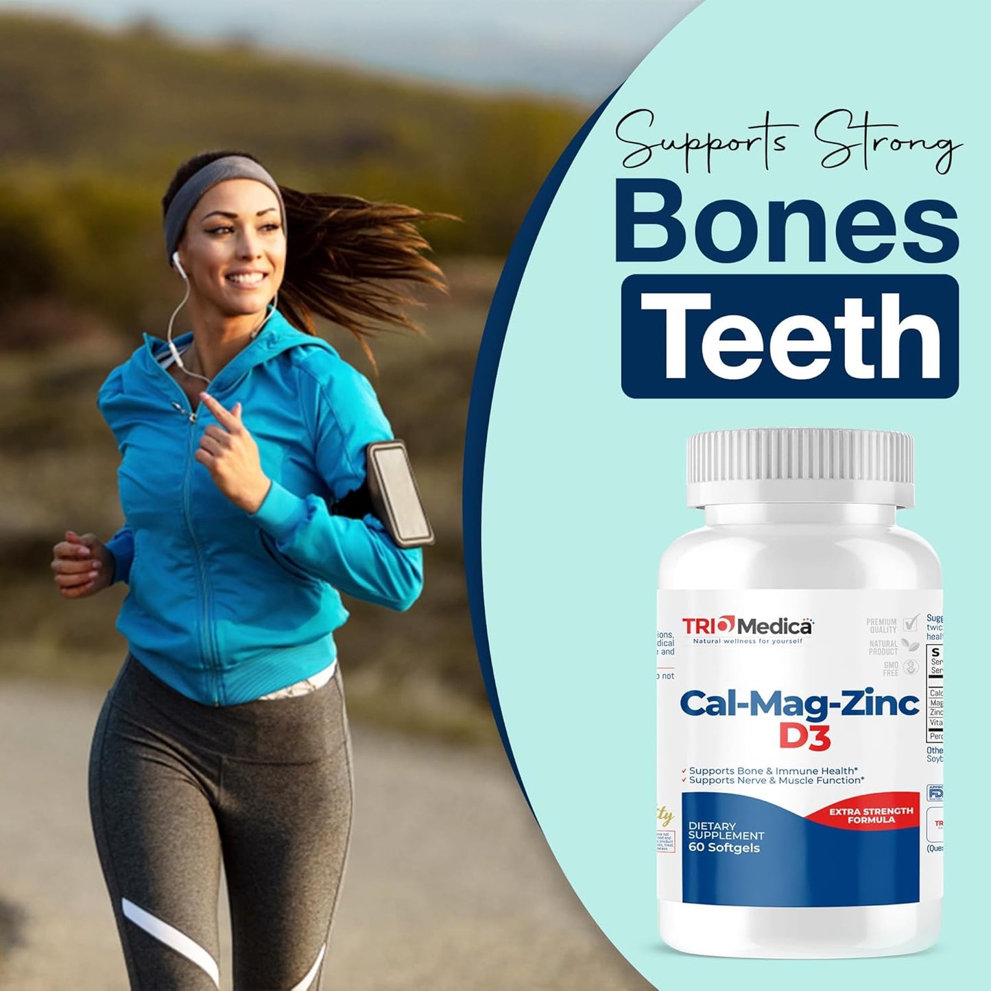 Calcium Magnesium Zinc D3 Supplement - Immune, Bones, Teeth Support - Non-GMO Vegan - 60 Softgels
