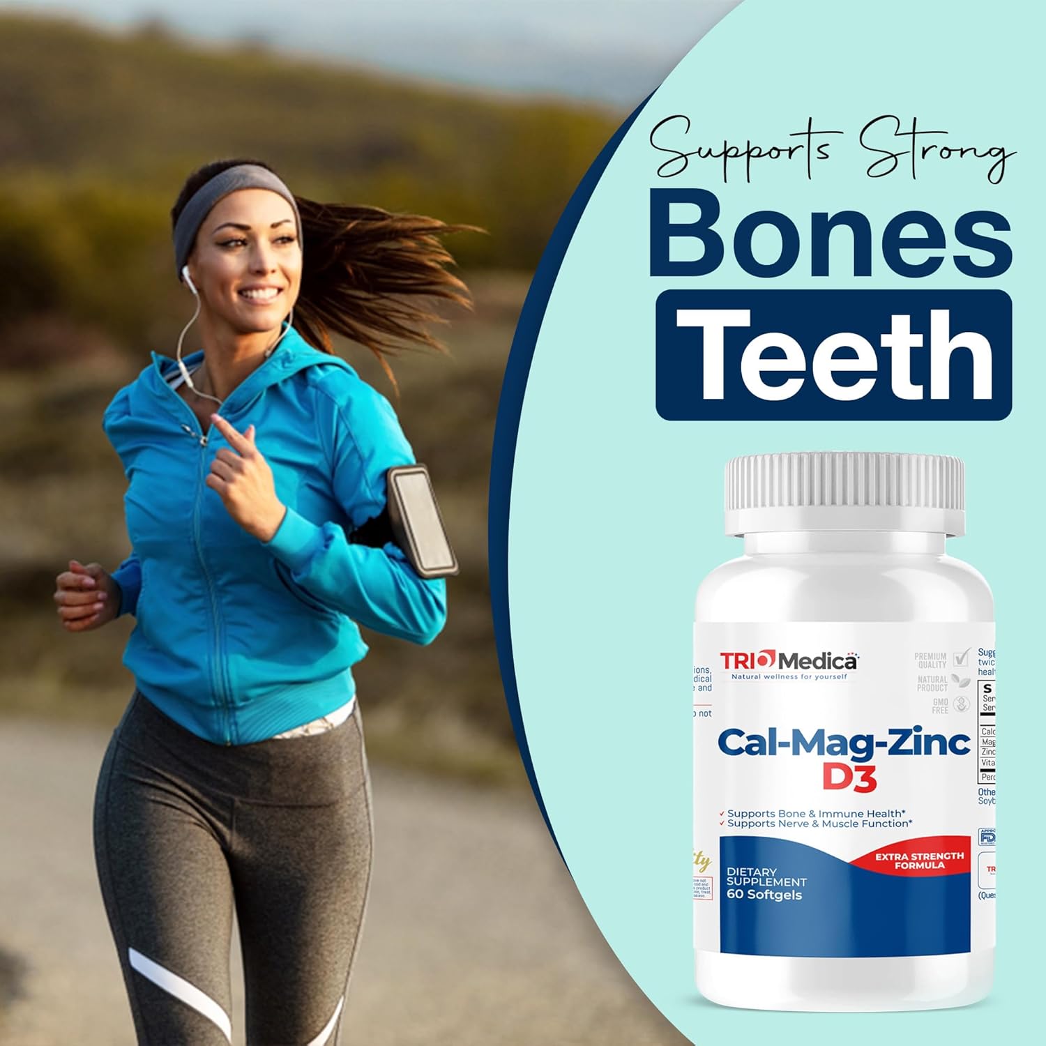 Calcium Magnesium Zinc D3 Supplement - Immune, Bones, Teeth Support - Non-GMO Vegan - 60 Softgels