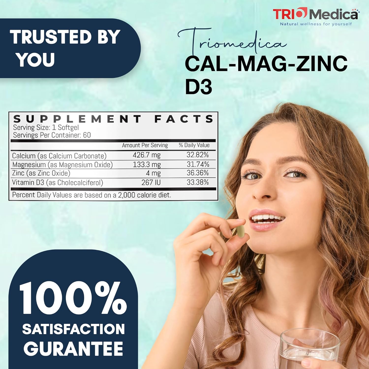 Calcium Magnesium Zinc D3 Supplement - Immune, Bones, Teeth Support - Non-GMO Vegan - 60 Softgels