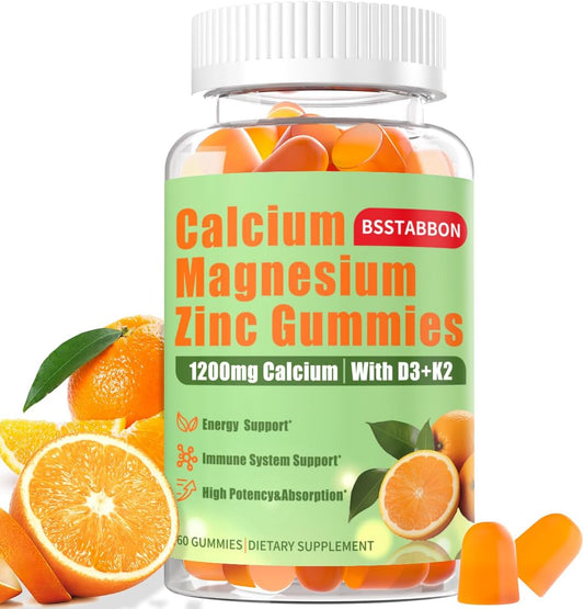 Calcium Magnesium Zinc Gummies for Adults - High Absorption Supplement with Vitamin D3 and B12 - Sugar Free (60 Count)