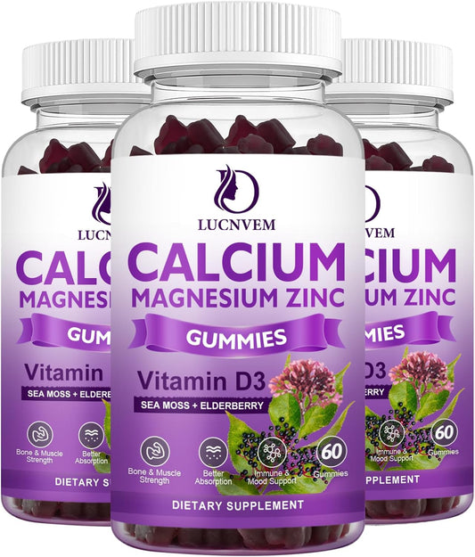 Calcium Magnesium Zinc Gummies with Elderberry & Sea Moss - 2:1 Ratio, Magnesium Glycinate, Vitamin D3 - Bone, Muscle, Mood, Sleep Support - 60 Gummies (3 Packs)