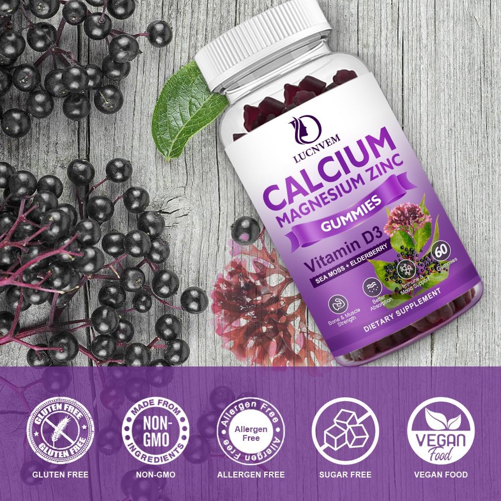 Calcium Magnesium Zinc Gummies with Elderberry & Sea Moss - 2:1 Ratio, Magnesium Glycinate, Vitamin D3 - Bone, Muscle, Mood, Sleep Support - 60 Gummies (3 Packs)