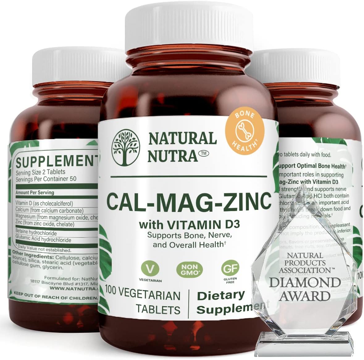 Calcium Magnesium Zinc Supplement with Vitamin D3 for Bone Strength - 100 Count Essential Mineral Complex for Digestive Health, Gluten and Sugar Free