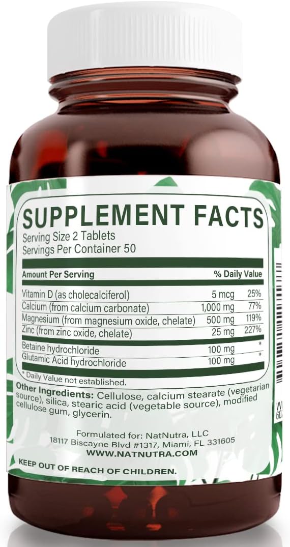 Calcium Magnesium Zinc Supplement with Vitamin D3 for Bone Strength - 100 Count Essential Mineral Complex for Digestive Health, Gluten and Sugar Free