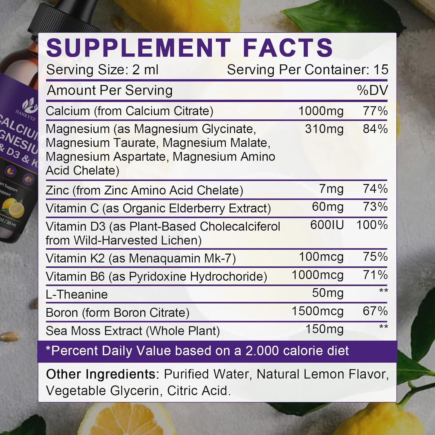 Calcium Magnesium Zinc Supplement with Vitamin D3 K2 Liquid Drop and Sea Moss - 2 Pack | High Absorption Calcium with Vitamin C D3 B6 | Gluten Free