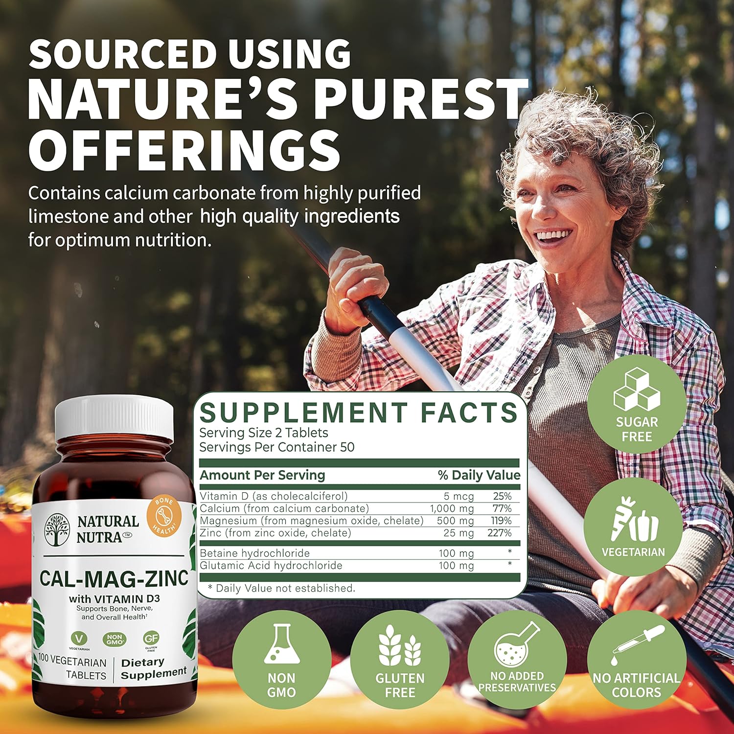 Calcium Magnesium Zinc Supplement with Vitamin D3 for Bone Strength - 100 Count Essential Mineral Complex for Digestive Health, Gluten and Sugar Free