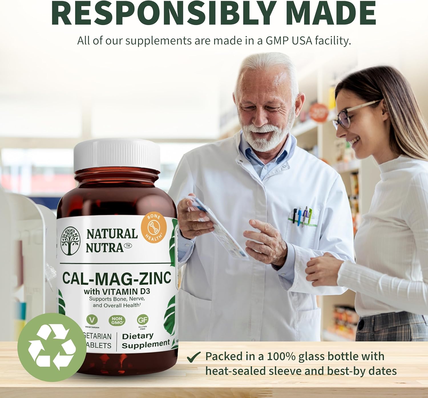 Calcium Magnesium Zinc Supplement with Vitamin D3 for Bone Strength - 100 Count Essential Mineral Complex for Digestive Health, Gluten and Sugar Free