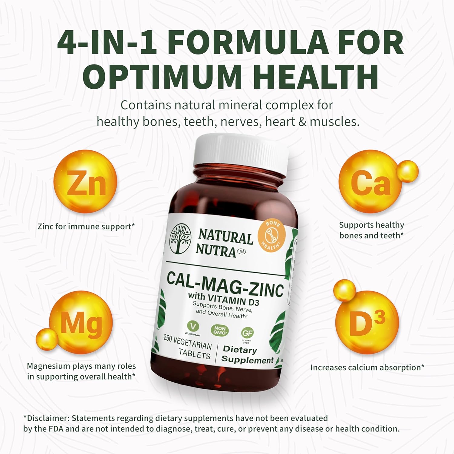 Calcium Magnesium Zinc Supplement with Vitamin D3 for Bone Strength and Nerve Health - 250 Count