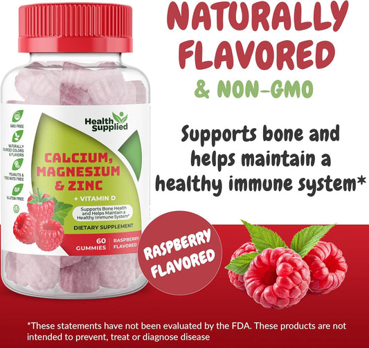 Calcium Magnesium Zinc Vitamin D Gummies for Bone Health, Immune Support, Energy, Muscle Function - Daily Supplement for Adults & Teens - Fruity Raspberry Flavor