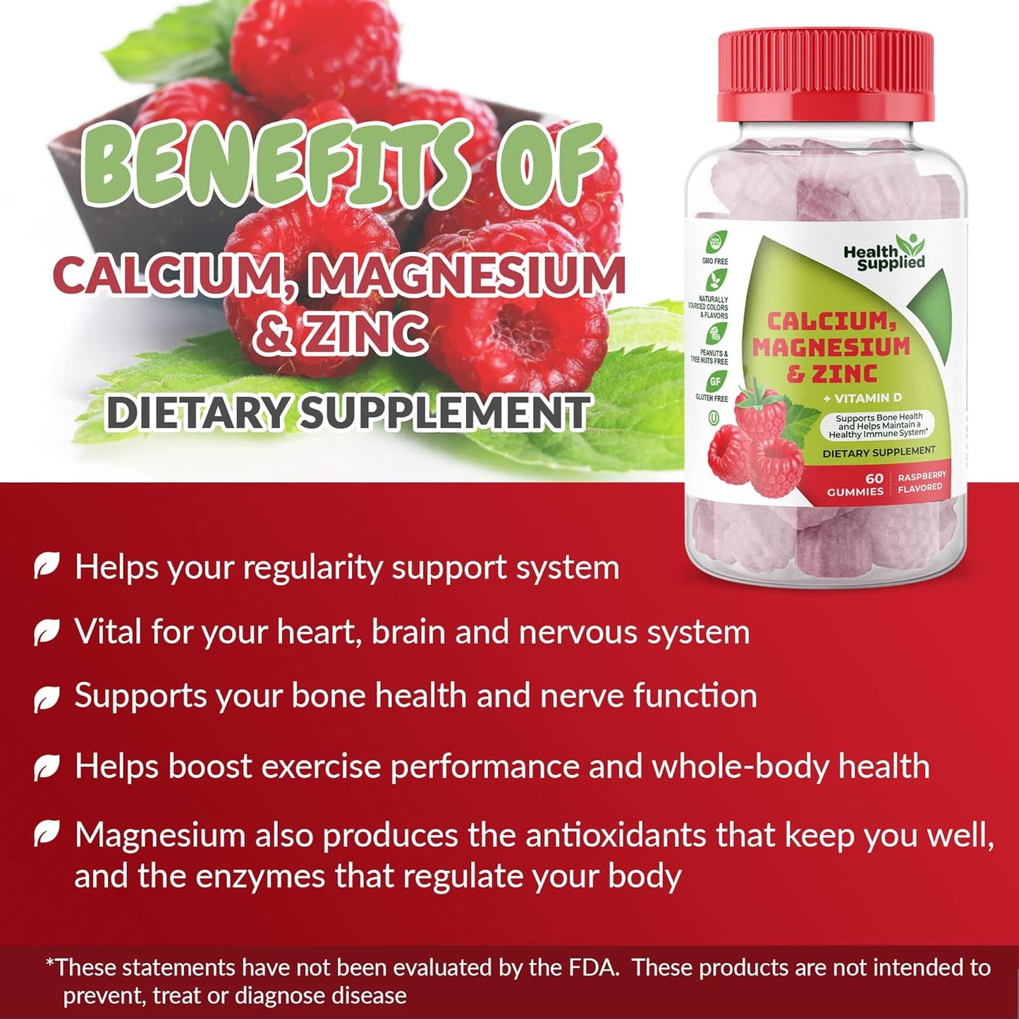 Calcium Magnesium Zinc Vitamin D Gummies for Bone Health, Immune Support, Energy, Muscle Function - Daily Supplement for Adults & Teens - Fruity Raspberry Flavor