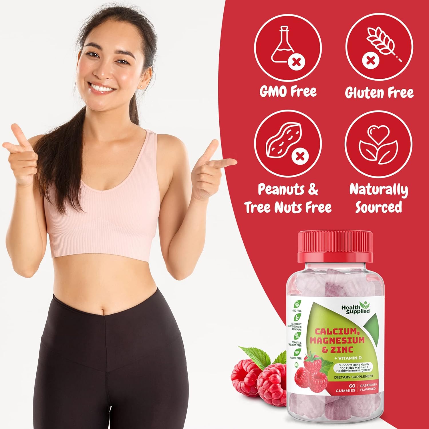 Calcium Magnesium Zinc Vitamin D Gummies for Bone Health, Immune Support, Energy, Muscle Function - Daily Supplement for Adults & Teens - Fruity Raspberry Flavor