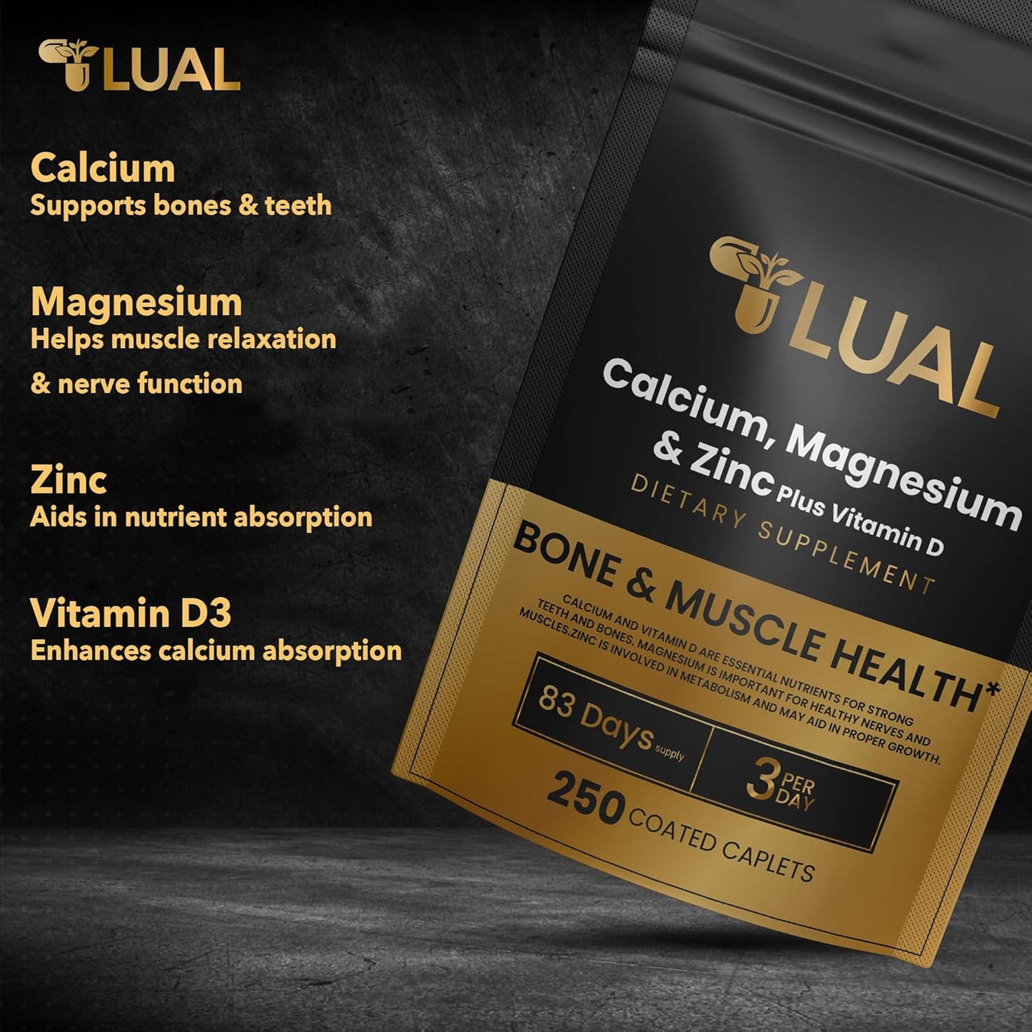 Calcium, Magnesium, Zinc & Vitamin D3 Caplets Dietary Supplement 250 Count - LUAL Formula