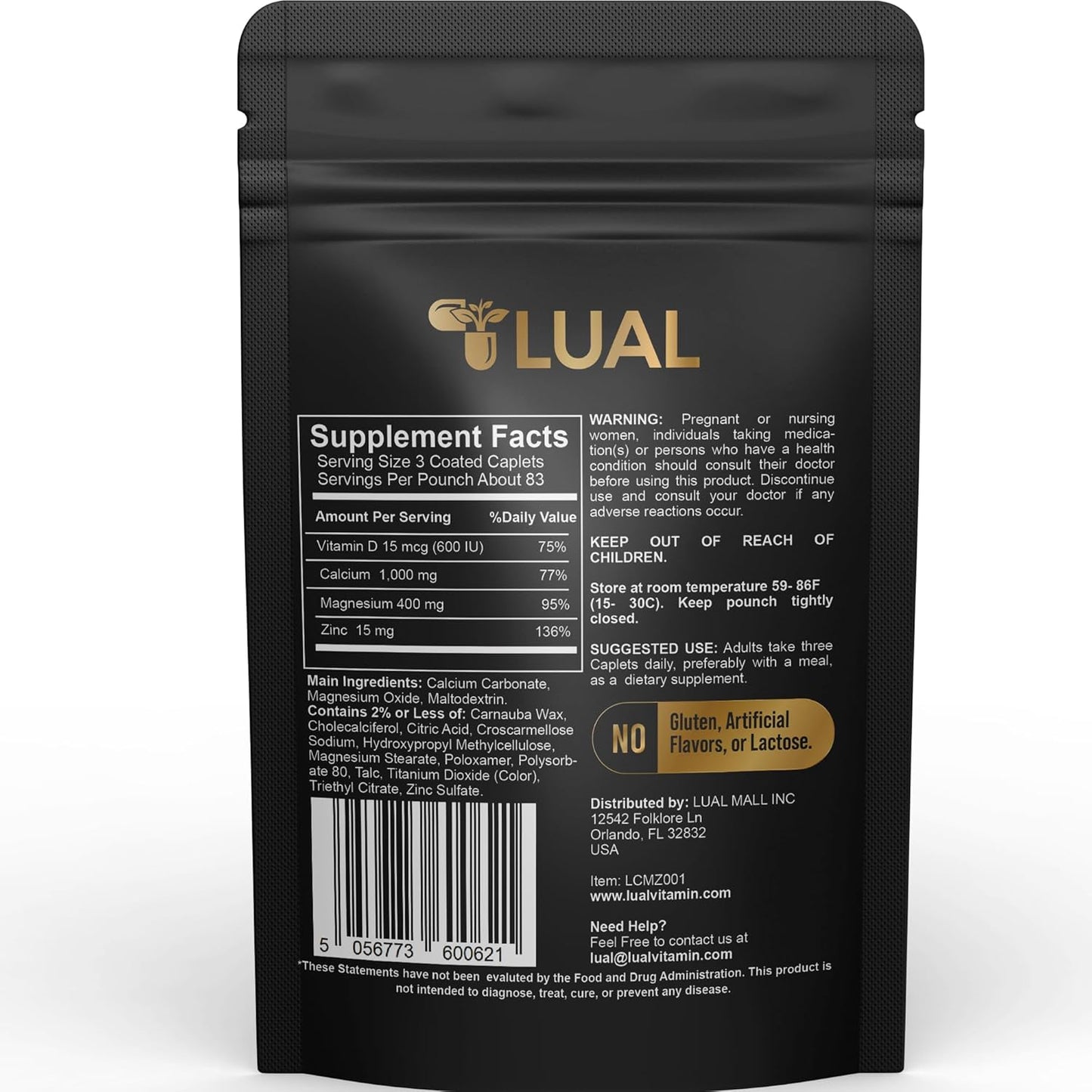 Calcium, Magnesium, Zinc & Vitamin D3 Caplets Dietary Supplement 250 Count - LUAL Formula