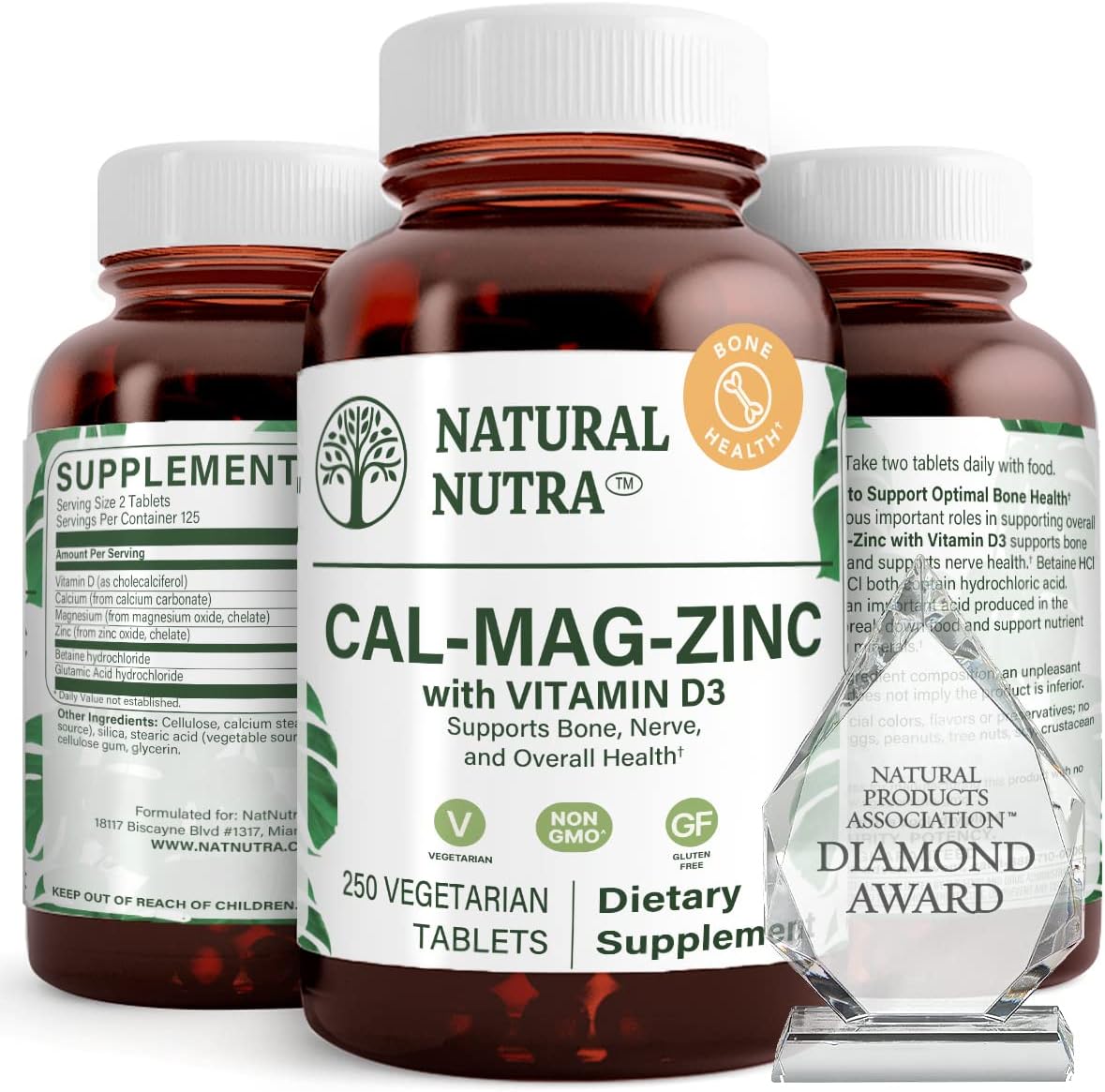 Calcium Magnesium Zinc with Vitamin D3 for Bone Strength and Digestive Health - 500 Count, Gluten and Sugar-Free Mineral Complex - Natural Nutra