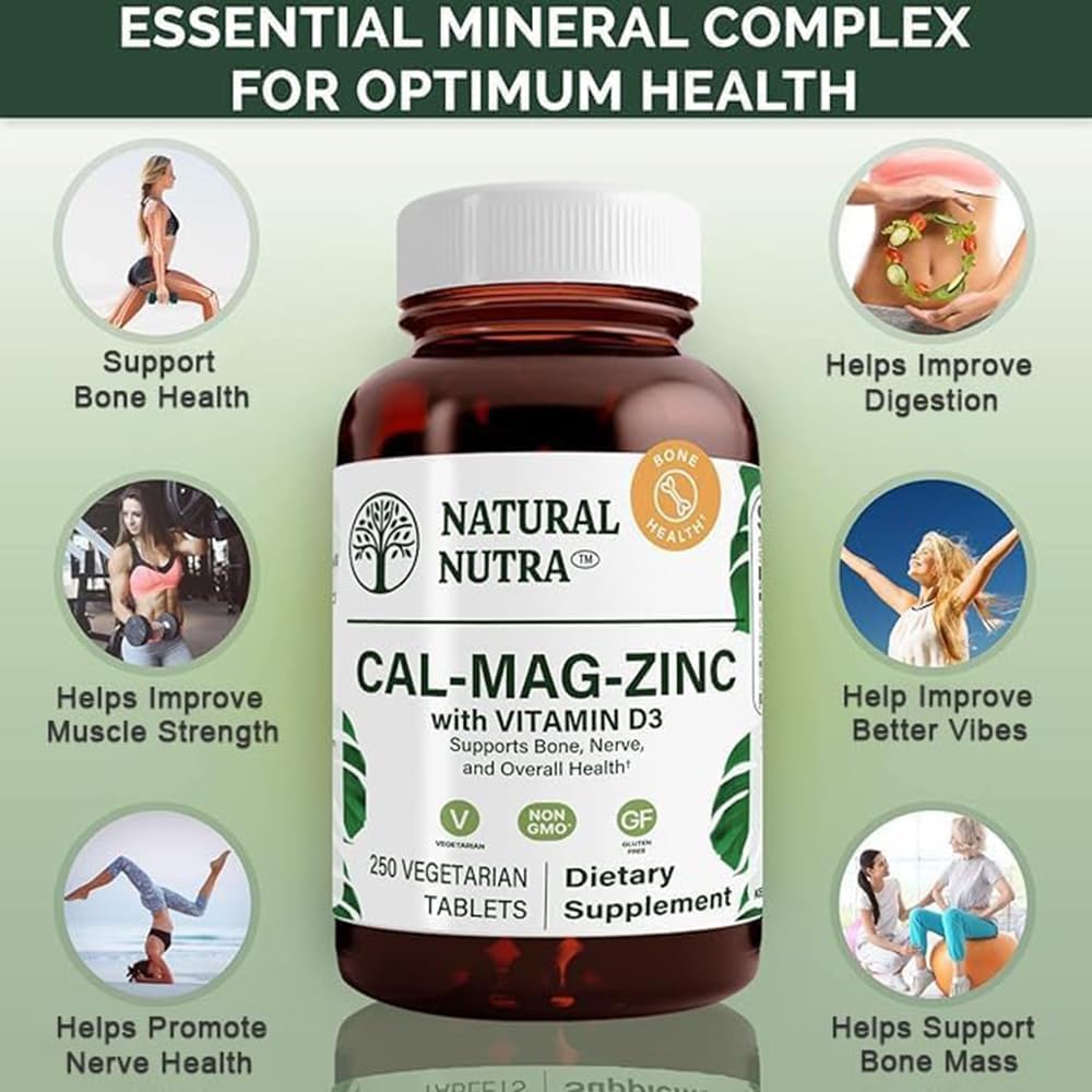 Calcium Magnesium Zinc with Vitamin D3 for Bone Strength and Digestive Health - 500 Count, Gluten and Sugar-Free Mineral Complex - Natural Nutra