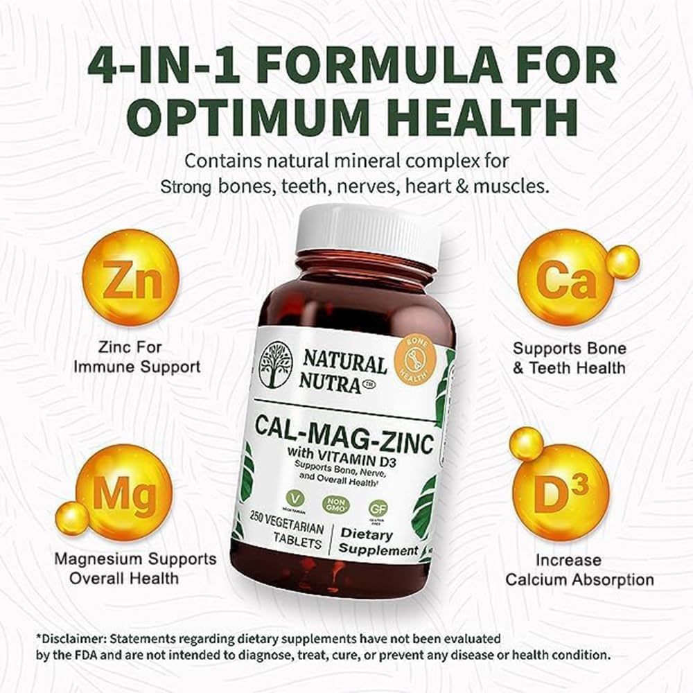 Calcium Magnesium Zinc with Vitamin D3 for Bone Strength and Digestive Health - 500 Count, Gluten and Sugar-Free Mineral Complex - Natural Nutra