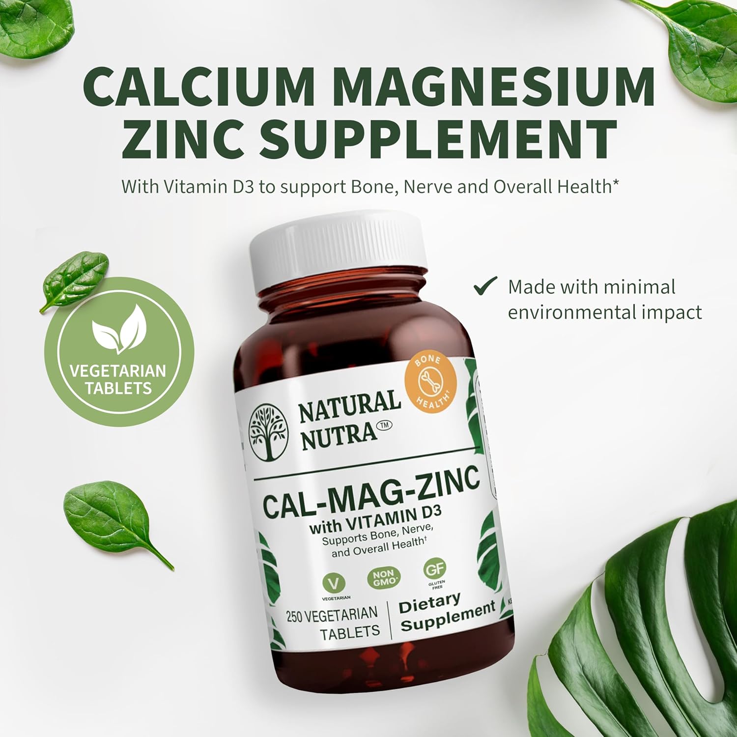 Calcium Magnesium Zinc with Vitamin D3 for Bone Strength and Digestive Health - 500 Count, Gluten and Sugar-Free Mineral Complex - Natural Nutra