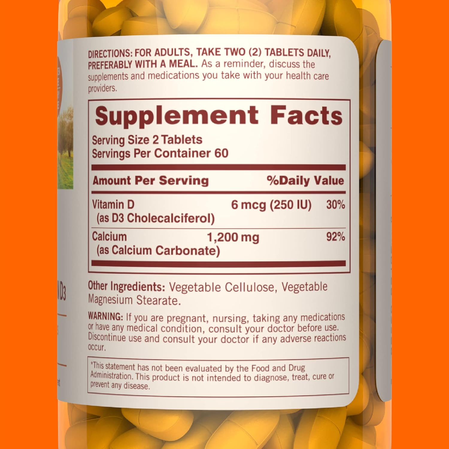 Calcium Vitamin D3 Tablets for Immune and Bone Health, 600mg Calcium, 250IU Vitamin D3, 120 Coated Tablets
